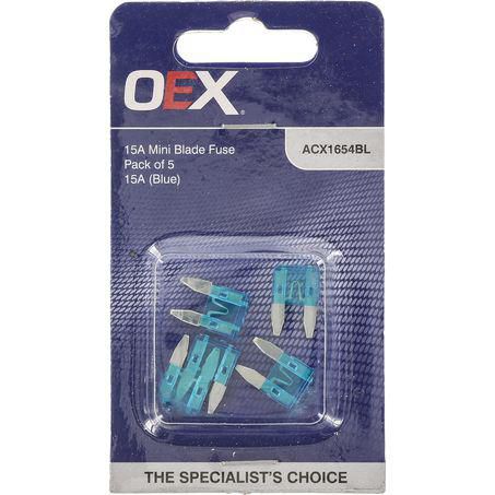 OEX Mini Blade Fuse, 15A Blue - Pack of 5